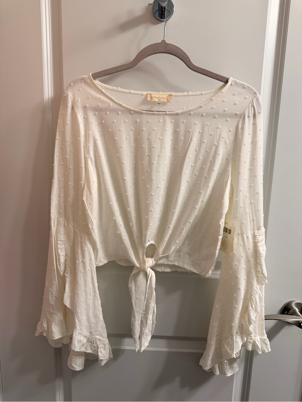 Altar'd State Cream Dotted Tie-Front Bell Sleeve Top